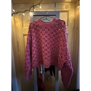 Zenana Pink Crochet Open Weave Confetti Knit Oversized Sweater TW-2546AS L/XL